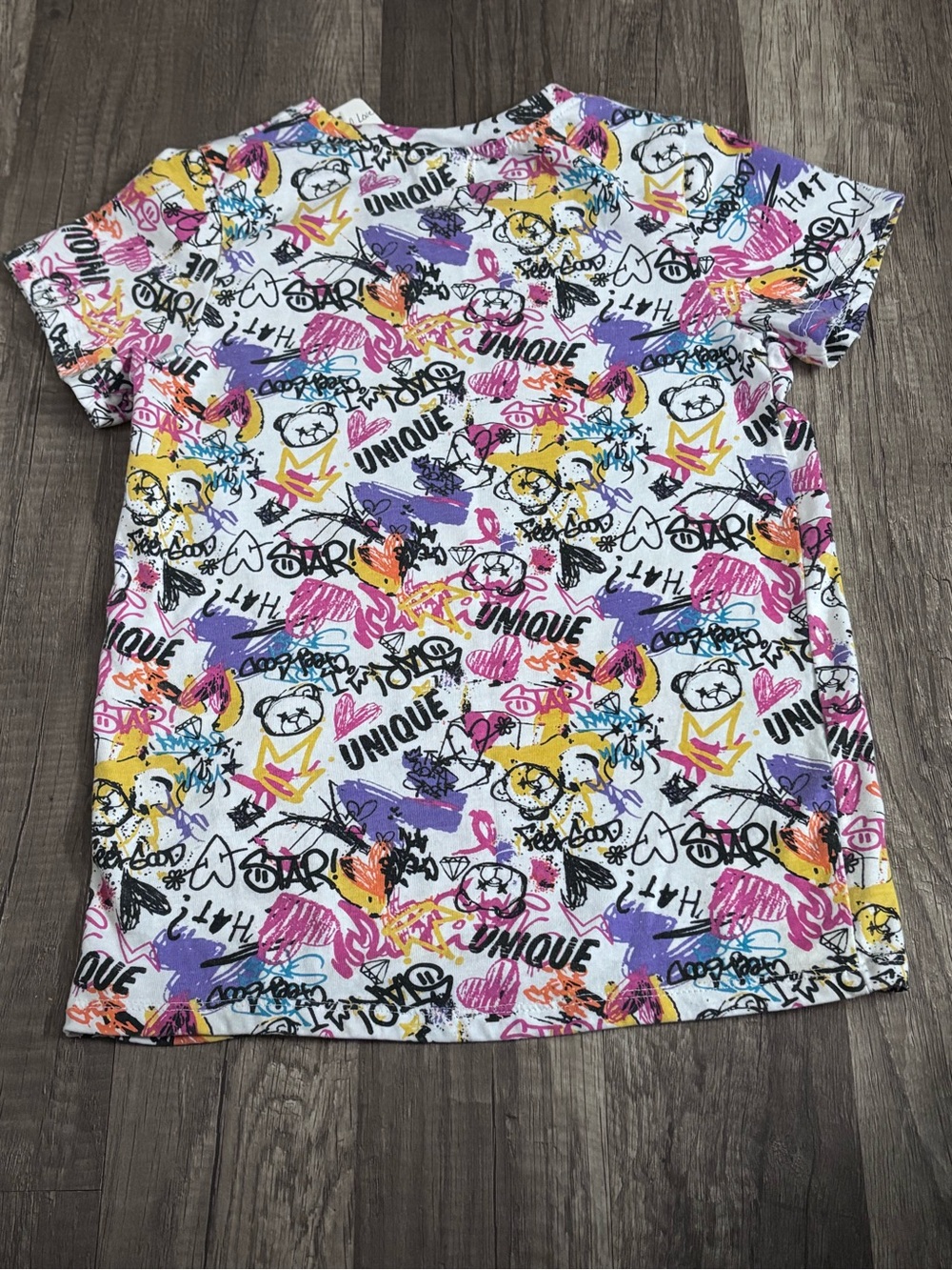 Girls' Short Sleeve Graphic Tee - White with Purple, Pink & Yellow Print 218